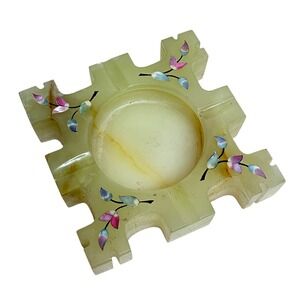 Vintage Onyx Ashtray Mother of Pearl‎ Inlay Puzzle Piece Castle Design Decor